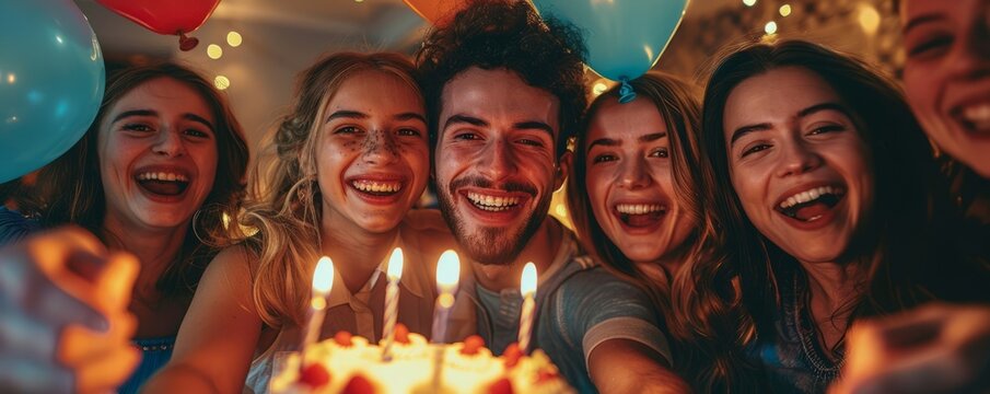 A group of friends celebrating a birthday with a cake and colorful balloons (realistic)