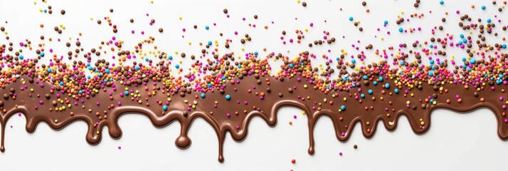 Liquid brown glazing chocolate and colorful sprinkles drip top border on white background. Dessert and pastry shop advertising. AI generative image.