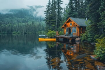Fototapeta premium A peaceful Canadian lakeside cabin with a wooden deck, canoes, and towering pine trees reflected in the water. 