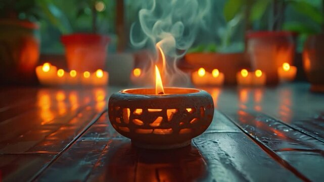 A close-up view of an essential oil burner with smoke rising from it. The burner is on a wooden table surrounded by lit candles.