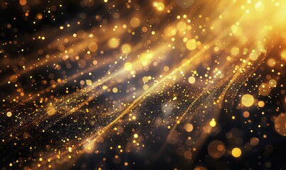 Obraz premium Golden Light Rays On Dark Background With Sparkling Dust