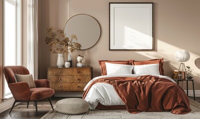 Modern bedroom with an empty frame on the dresser