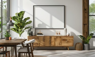 Modern dining room with an empty frame on the sideboard