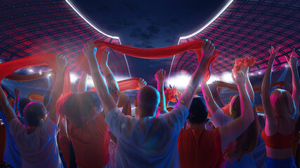 Group of energetic supporters with hands in air, holding scarves of favorite team, enjoy thrilling...