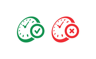 green clock and green check symbol. red clock and cancel symbol. clock cancellation and confirmation concept