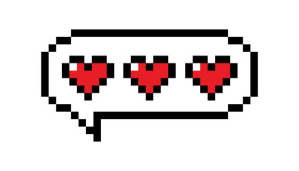 Pixel art chat bubble with  Pixel Red Hearts. Feedback emoticon. Vector illustration for Valentines day