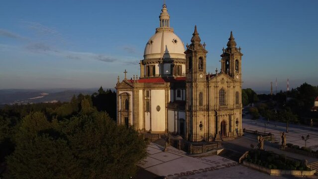Sameiro Sanctuary drone aerial view in Braga, Portugal. Sunset. Sunny day.