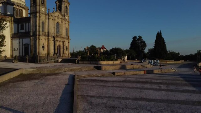 Sameiro Sanctuary drone aerial view in Braga, Portugal. Sunset. Sunny day.