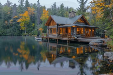 Obraz premium A peaceful Canadian lakeside cabin with a wooden deck, canoes, and towering pine trees reflected in the water. 
