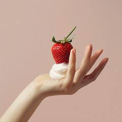 Obraz premium A single strawberry with whipped cream held delicately on a person's hand against a plain background