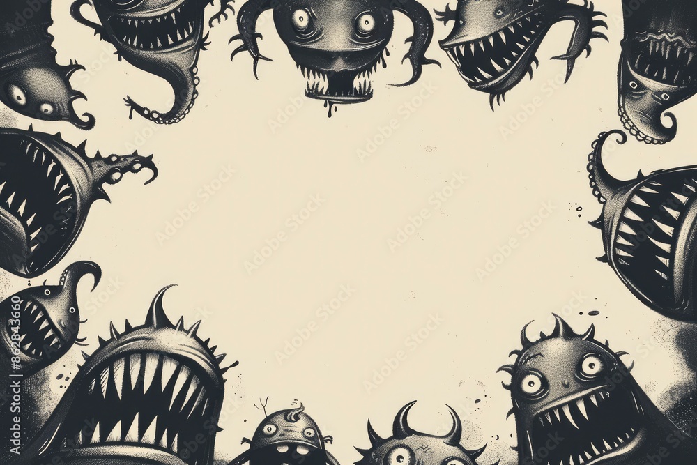 Wall mural heads of different halloween monsters on a plain light background. postcard, illustration for the au - Wall murals