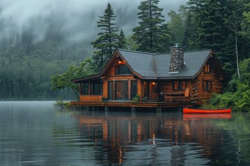 Fototapeta premium A peaceful Canadian lakeside cabin with a wooden deck, canoes, and towering pine trees reflected in the water. 