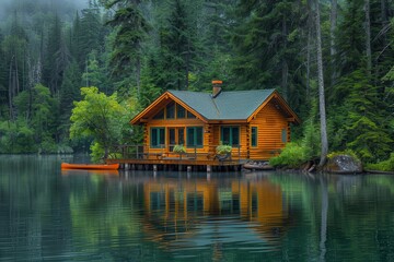 Obraz premium A peaceful Canadian lakeside cabin with a wooden deck, canoes, and towering pine trees reflected in the water. 