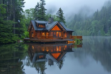 Obraz premium A peaceful Canadian lakeside cabin with a wooden deck, canoes, and towering pine trees reflected in the water. 