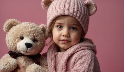 Child in pink hat and sweater with teddy bear, soft look
