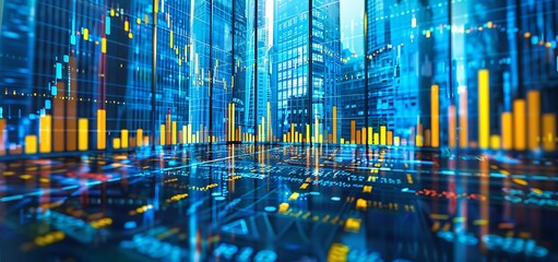 Dynamic world of money with a realistic image captured in a blue and yellow stock market chart background, detailed stock candlestick chart indicating the pulse of market activity.