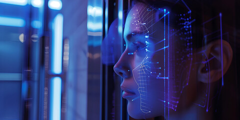 Advanced Facial Recognition Technology with Digital Holographic Interface for Biometric Security and Identification in a Futuristic Environment
