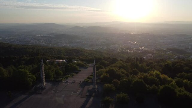 Sameiro Sanctuary drone aerial view in Braga, Portugal. Sunset. Sunny day.