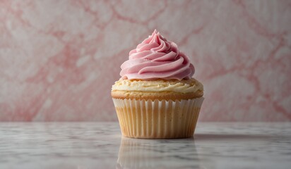 A single cupcake with pink icing on marble table. Delicious.