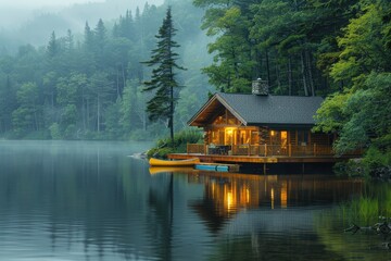 Naklejka premium A peaceful Canadian lakeside cabin with a wooden deck, canoes, and towering pine trees reflected in the water. 