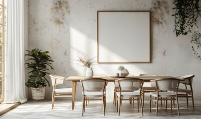 Minimalist dining room with a blank frame on the wall