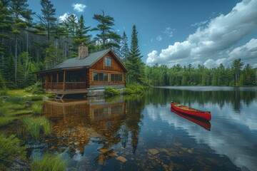 Obraz premium A peaceful Canadian lakeside cabin with a wooden deck, canoes, and towering pine trees reflected in the water. 