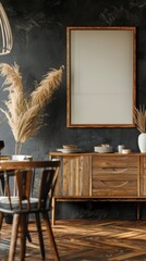 Modern dining room with an empty frame on the buffet