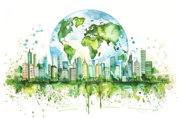 Obraz premium Creative watercolor illustration of a sustainable green city with skyscrapers and a globe representing eco-friendly urban development.