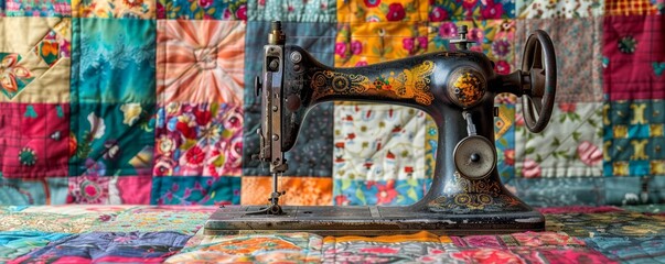 A vintage sewing machine stitching a patchwork quilt with vibrant patterns (realistic)