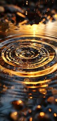 Golden light reflecting on water ripple with stones, creating a mesmerizing and calming nature scene perfect for backgrounds.