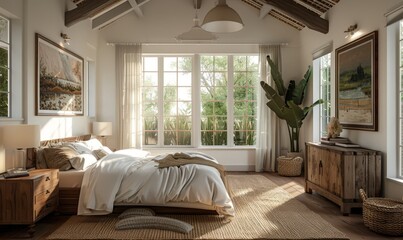 Rustic bedroom with a blank canvas on the dresser