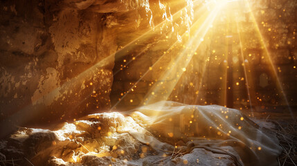 a detailed image of the tomb’s interior with the discarded shroud and beams of light highlighting the scene, Resurrection of Jesus Christ, Easter, Jesus Christ, Resurrection, Relig