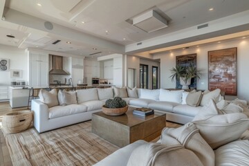 Spacious living area featuring a white sofa and centerpiece table