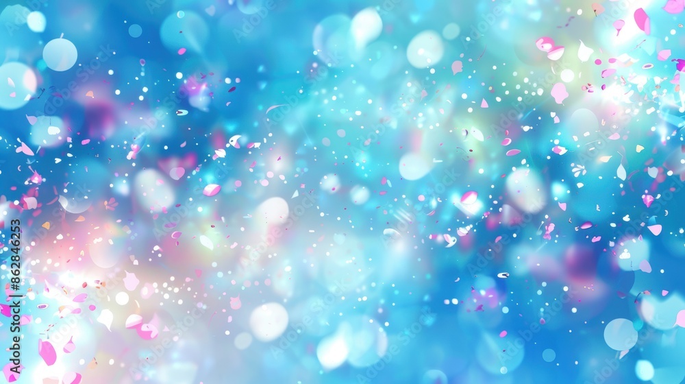 Poster a dreamy pastel blue and pink bokeh background with floating particles creating a whimsical, abstrac