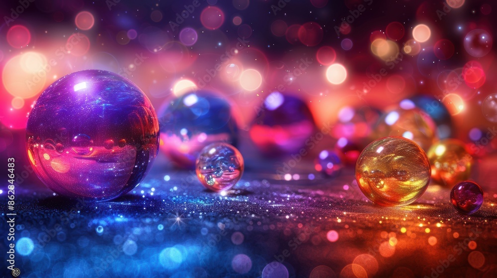 Aufkleber vivid image of multicolored glass marbles placed on a glittery surface, with a colorful bokeh backdr