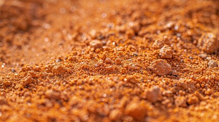 High-resolution macro shot of red soil with varied texture and small stones, highlighting its rich, earthy characteristics.