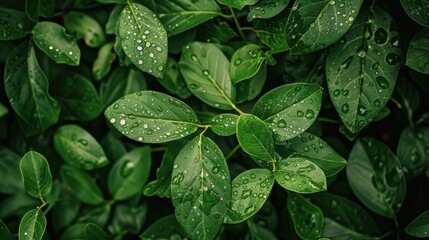 Close-up of lush green leaves adorned with water droplets, highlighting the freshness and vibrancy of the natural foliage.
