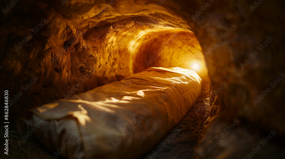 Poster a detailed image of the shroud folded neatly inside the tomb, with light symbolizing the resurrectio