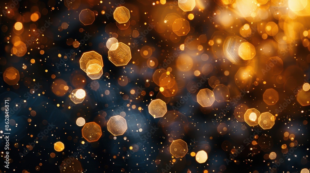 Poster abstract image of golden bokeh lights against a dark background, creating a festive and vibrant visu