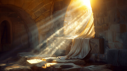a detailed image of the tomb’s interior, with light streaming in and the shroud draped over a...