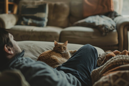 Relaxing young man with his domestic re cat on the bed for Lazy Day in August 10