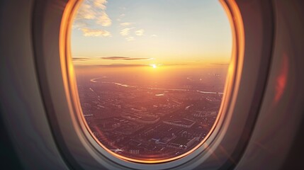 Beautiful landscape view trough window of airplane, Breathtaking view of town and cloudless sundown sky behind window of aircraft during flight