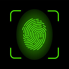 Neon green fingerprint on a black background. Personal identification. Vector illustration EPS 10