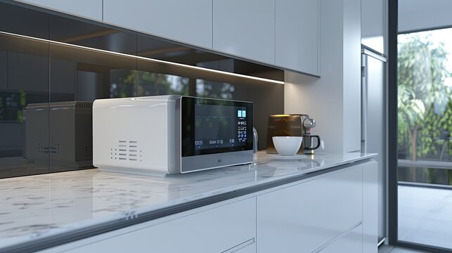 A modern white microwave sits on a marble countertop in a sleek kitchen setting. The background features white cabinets and a glass door with a view of trees outside.