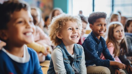 Fototapeta premium A group of smiling kids sitting together in a classroom, radiating happiness and excitement, showcasing a positive learning environment.