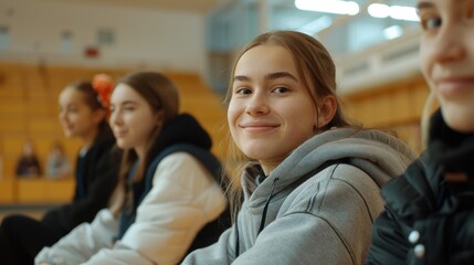 Fototapeta premium A group of smiling teenage girls sitting in a gymnasium, highlighting friendship and a positive school environment.