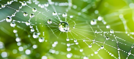 Closeup of raindrops suspended on a spiderweb the web's delicate strands highlighted by the droplets