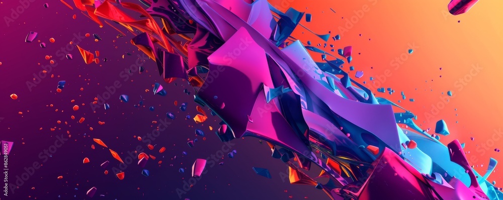 Poster colorful abstract 3d rendered shape explosion against vibrant gradient background
