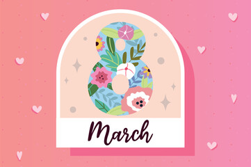 8 March sticker concept in flat cartoon design. The number eight decorated with flowers is depicted in this image and symbolizes the spring holiday. Vector illustration.