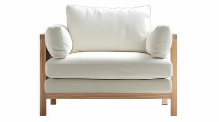 The modern IKEA armchair with a simple white fabric seat and light wood legs, isolated white background